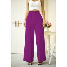 Purplish Red Back Zipper Casual Wide Leg Pants Chic Full Length Purple Bottoms, Solid Color Pleated Long Pants, Solid Pleated Long Pants, Chic Purple Solid Color Bottoms, Casual Purple Pleated Bottoms, Chic Purple Pleated Bottoms, Chic Pleated Purple Bottoms, Red High Waist Pleated Bottoms, Red High-waisted Pleated Bottoms