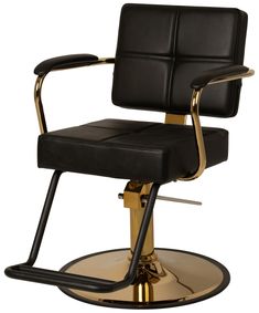 a black and gold barber chair on a white background with the seat up to it's head