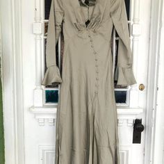 Asos Brand Silky Button Down Midi Dress With Beautiful Seam Details And Flutter Sleeves. Back Has A Super Cute Key Hole Cut Out. Never Worn, Tags Still On! Button Down Midi Dress, Asos Dress, Asos Dresses, Key Hole, Flutter Sleeves, Flutter Sleeve, Sage Green, Button Downs, Colorful Dresses