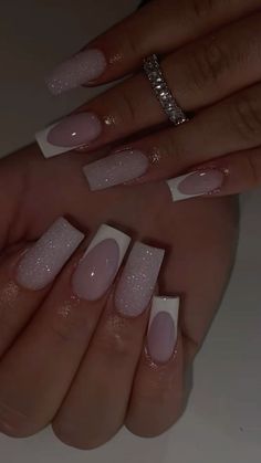 White Frenchies With Glitter, Acrylic Birthday Nails Ideas, Elegant Birthday Nails, Nail Ideas For Teens, Glittery French Tip, Glittery French Tip Nails, Nail Inspiration Square, Nails Square Christmas, Birthday Nails Square