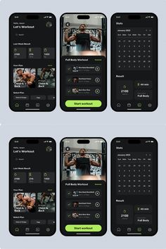 four screens showing the different stages of using an app to track workouts on their phones