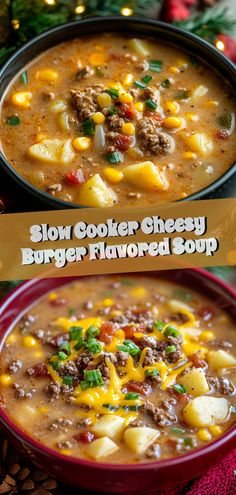 two bowls of slow cooker cheesy hamburger flavored soup