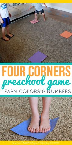 four corners preschool game for learning colors and numbers with the kids to use them as mats