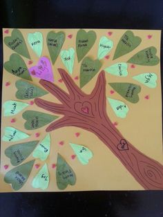 a family tree made out of paper with names and hearts on the leaves in different colors