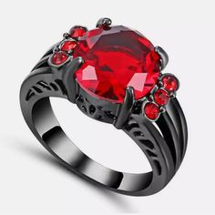 Brand New Round Cubic Zirconia Ruby Black Gold Filled Ring. Band Rings Women, Garnet Wedding Rings, Ruby Wedding Band, Ruby Wedding Rings, Garnet Wedding, Black Gold Ring, Ring Sets Boho, Ruby Wedding, Boho Style Jewelry