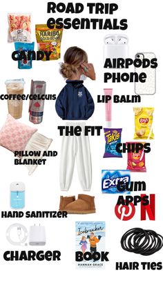 a poster with the words road trip essentials on it