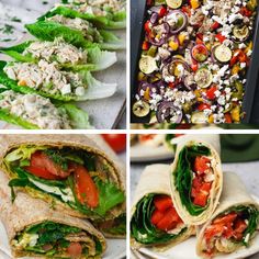 four different types of food are shown in this collage, including salads and wraps