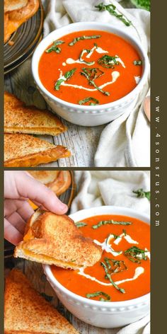 two pictures showing how to make tomato soup with toasted bread