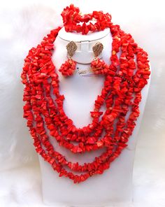 Orange Red Chips Sales Traditional African Beads Wedding Party Jewelry Set Complete Set is Necklace Earring and bracelet 4 Layers Necklace Buying more that 1 Jewellery set, we offer wholesale and bulk prices for all our jewellery. Red Gemstone Beads Jewelry For Wedding, Valentine's Day Wedding Beaded Jewelry, Red Beaded Necklaces For Wedding With Round Beads, Wedding Jewelry Sets With Round Gemstone Beads, Wedding Red Coral Beaded Necklaces With Round Beads, Wedding Red Coral Beaded Necklace With Round Beads, Elegant Red Beads For Wedding, Red Coral Jewelry For Wedding, Wedding Jewelry In Red Coral With Polished Beads