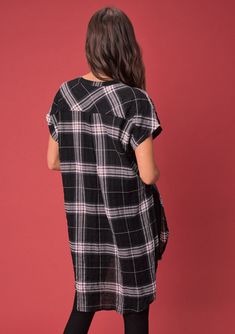 Short sleeve, plaid button-down tunic. Tie it up or wear it long! FINAL SALE Yarn dye plaid Relaxed fit Short cap sleeves Long tunic length Rounded shirttail hemline High side vents Round neckline Button front Double bust pockets 99% Cotton, 1% Spandex Model is 5'9, wearing a size S.Style: I-11596W-PSC-YD Casual Tunic With Shirttail Hem For Daywear, Casual Shirttail Hem Tunic For Daywear, Short Sleeve Tunic For Fall Daywear, Short Sleeve Tunic For Daywear In Fall, Casual Cotton Plaid Dress With Short Sleeves, Casual Plaid Short Sleeve Dress For Daywear, Casual Black Cotton Plaid Dress, Casual Black Plaid Short Sleeve Dress, Casual Black Plaid Cotton Dress