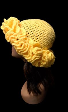 Crochet ruffled bucket hat Yellow Crochet Hat For Spring, Spring Crochet Cloche Hat In One Size, One Size Yarn Sun Hat For Spring, One Size Spring Yarn Sun Hat, Crochet Mini Bucket Hat For Spring, Spring Crochet Adjustable Cloche Hat, One Size Spring Crochet Hat With Short Brim, Spring Crochet Mini Bucket Hat, Spring Crochet Beanie Mini Hats