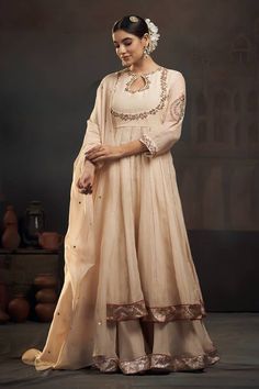 Beige chanderi kalidar kurta with floral thread work and sequins embroidery on the neckline and sleeves. Comes with metallic bordered sharara and organza dupatta. - Aza Fashions Kurta Sharara Set, Kurta Sharara, Kurta Patterns, Zardozi Embroidery, Sharara Set, Organza Dupatta, Sequins Embroidery, Thread Work, Pants Pattern