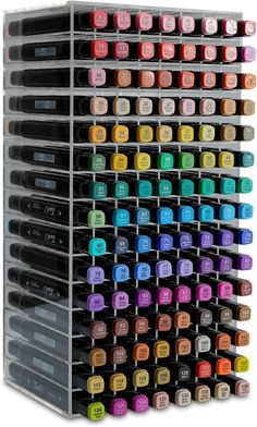 a rack with many different colors of paint