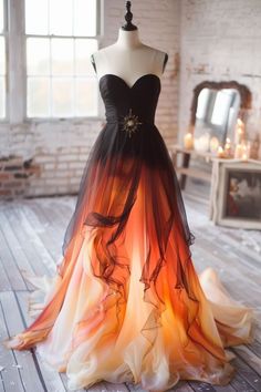 Orange Dress For Prom, Fancy Orange Dress, Gorgeous Ball Gowns, Fire Themed Wedding Dress, Prom Dresses., Orange And Black Wedding Dress, Fire Prom Dress, Fire Dress Aesthetic, Cute Dress Outfits Aesthetic