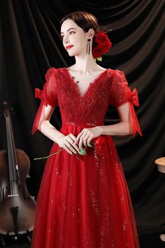 Christmas Ball Dress, Prom Dress With Short Sleeves, Cute Dress Outfits, Short Gowns, Dress With Short Sleeves, Red Gowns, Red Prom, Christmas Ball, Red Prom Dress