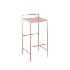 a pink bar stool with an open back and seat on the front, against a white background