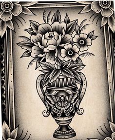 a drawing of flowers in a vase with ornate border around the edges and an ornamental frame