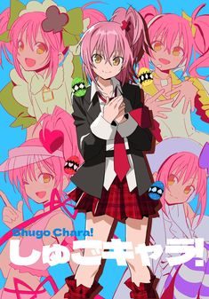 an anime character with pink hair standing in front of other characters