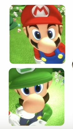 two pictures of mario and luigi in the same video game, each with different expressions