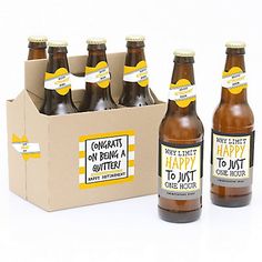 six bottles of happy to just one hour beer in a cardboard box with labels on them