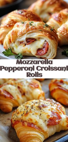 several different types of pastries are shown on a plate with the words mozzarella pepperoni croissant rolls