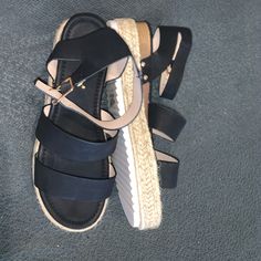 Cute Black Sandals. Brand New Black Wedge Sandals For Beach In Spring, Black Wedge Sandals For Beach And Spring, Black Wedge Sandals For Beach, Spring Season, Black Wedge Sandals For Vacation, Black Platform Sandals For Day Out, Black Sandals For Spring Day Out, Black Open Toe Wedge Sandals For Day Out, Black Summer Wedge Sandals, Black Ankle Strap Wedge Sandals For Beach