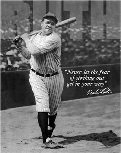 a man holding a baseball bat on top of a field with a quote above it