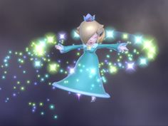 a girl in a blue dress is flying through the air with stars around her and arms outstretched