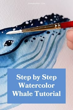 someone is painting a blue whale with watercolors on it and the words, step by step watercolor whale tutor