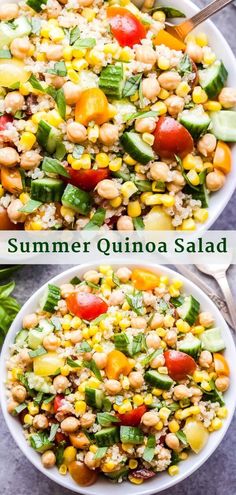 two bowls filled with salad next to each other on top of a gray surface and the words summer quinoa salad