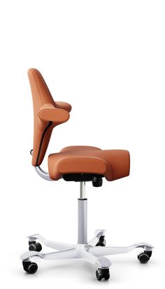 an office chair with wheels on the back and seat upholstered to the side