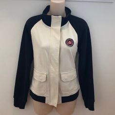 Cream Colored With Black Sleeves, This Varsity Style Zip Up Has An Lrl Logo Patch On The Left Side. Snap And Zipper Closure, Two Front Pockets. This Jacket Looks Brand New, Has Some Stretch To It! 68% Cotton, 26% Poly, And 6% Elastane Sporty Cream Cotton Outerwear, Black Sleeves, Varsity Style, Side Snap, Zip Up Jacket, Black Cream, Lauren Ralph Lauren, Cream Color, Patch Logo