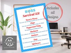 "Looking for a fun and easy way to show your appreciation for Boss Day? Look no further than our Bosses Day Survival gift tags! Boss Appreciation - Boss Survival Kit gift tag - A fun gift for your boss or manager. Great for a gift basket filled with lots of survival treats or attached to a treat bag!  These tags are perfect for any Bosses Day, Boss Appreciation or Boss' Day and other Administration appreciation weeks.  Use Boss appreciation week or anytime throughout the year just to say thank you. They're also great for giving out as gifts. Our tags come in a variety of designs and are easy to download and print at home or at your local print shop.  So don't wait any longer, order your printable gift tags today! Boss Gift, Gift for Boss, Gift from Employee, Boss Day, Boss Appreciation, Be Diy Boss Gift Ideas, Boss Survival Kit Ideas, National Bosses Day Ideas, Boss Appreciation Ideas, Boss Survival Kit, Boss Gifts Diy, Boss Day Gift Ideas, Bosses Day Gift Ideas, Best Boss Gifts