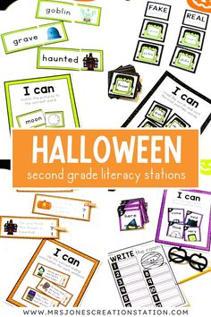 halloween themed second grade and third grade reading stations with text overlay that says, i can