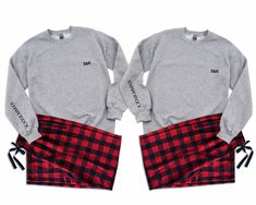 two sweatshirts with red and black checkered shorts on the bottom, one in grey