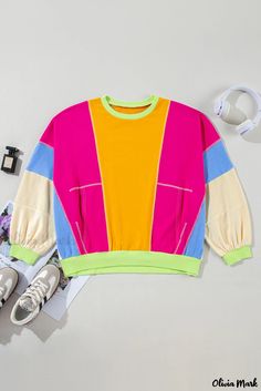 Olivia Mark - Luxurious Rose-Hued Plus Size Colorblock Patchwork Sweatshirt Edgy Look, Drip Dry, Patchwork Designs, Textured Knit, Fall Wardrobe, Sleeve Designs, Casual Sweatshirt, Blazers For Women, Cotton Style