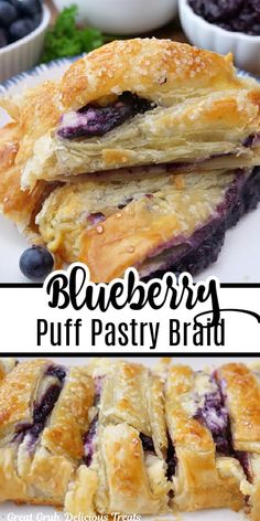 blueberry puff pastry braid is stacked on top of each other and ready to be eaten