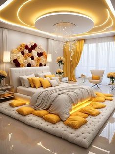 a bedroom with yellow and white decor on the walls, carpeted flooring and a chandelier hanging from the ceiling