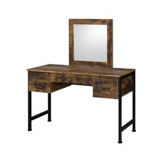 a wooden desk with a mirror and metal legs on it, against a white background