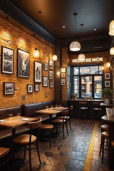 an empty restaurant with wooden tables and chairs