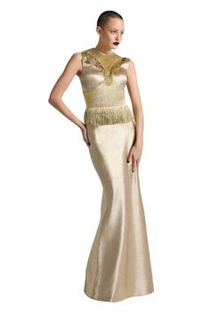 Gold padded fishtail dress with metallic yarn hand embroidery. - Aza Fashions Gold Sleeveless Evening Dress For Festive Occasions, Elegant Sleeveless Festive Evening Dress, Festive Sleeveless Elegant Evening Dress, Fitted Sleeveless Evening Dress For Festive Occasions, Sleeveless Evening Dress For Festive Occasions, Fishtail Dress, Metallic Yarn, Buy Gold, Gold Dress