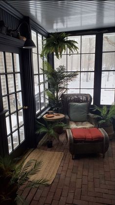 a living room filled with lots of windows and furniture next to plants on the floor