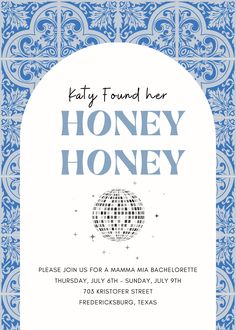 a blue and white flyer with the words,'faty found here honey honey '