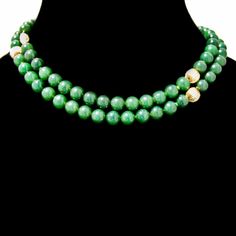 "Opera length Nephrite Jade bead strand necklace, accented with round textured 14 K (.585) yellow gold beads and floral filigree fishhook clasp. This elegant necklace is 31\" long, beads are 8mm in diameter. It weighs 75.2 grams. Eb7384" Floral Filigree, Nephrite Jade, Elegant Necklace, Jade Beads, Elegant Necklaces, Gold Jewelry Fashion, Bead Strand, Strand Necklace, Fish Hook