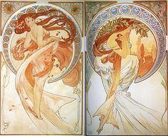 two art nouveau style paintings depicting women in white dresses