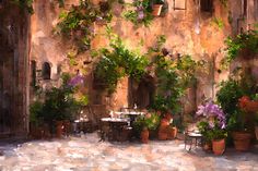 an oil painting of potted plants and tables in front of a building with stone walls