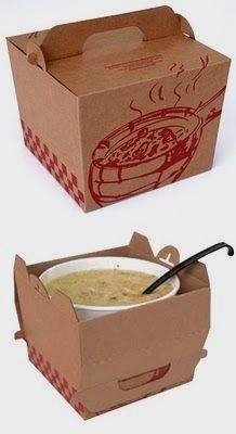 two cardboard boxes with soup in them, one is open and the other has a spoon inside