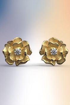 Rose Flower Diamond stud earrings 18k / 14k solid gold with natural Diamonds, Italian gold fine jewelry made in Italy, nature inspired studs by Oltremare Gioielli These Rose Flower stud earrings are made in genuine GOLD 14k or 18k hallmarked  with a combination of  raw and polished finishes. Perfect for everyday earrings. Shape measurements: approx. 9 mm x 9 mm  Stone Type: 100% Natural Diamonds  Shape: Round Brilliant Carat Weight: approx 0,06 Cts TW Color: G Clarity: VS Cut: Very Good ❥ Shippi Brown Diamond Engagement Ring, Italy Nature, Gold And Diamond Earrings, Italian Gold Jewelry, Flower Earrings Gold, Modern Jewellery Design, Rose Stud Earrings, Handmade Gold Jewellery, Opal Ring Gold