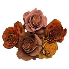 an arrangement of paper flowers on a white background