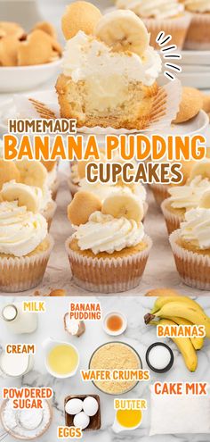 banana pudding cupcakes with cream cheese frosting, bananas and other ingredients to make them